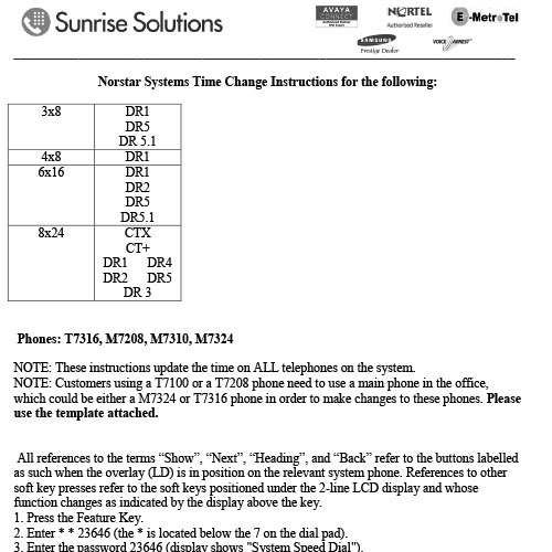 Nortel Systems 8×24 – 3×8 Time Change Instructions
