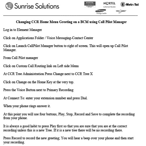 Changing CCR Home Menu Greetings on BCM using Call Pilot Manager