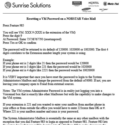 Norstar – Resetting a VM System Admin Password on Call Pilot