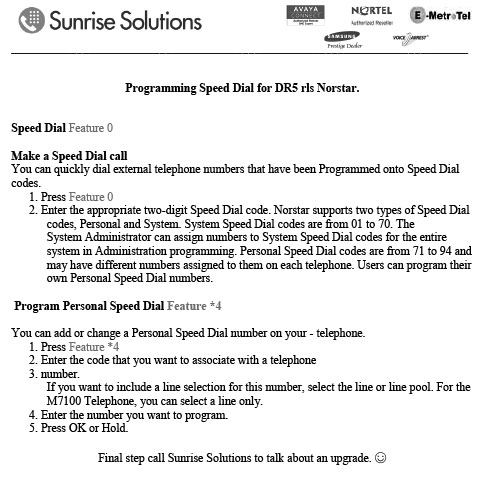 Norstar – Speed Dial Programming for DR5 Release