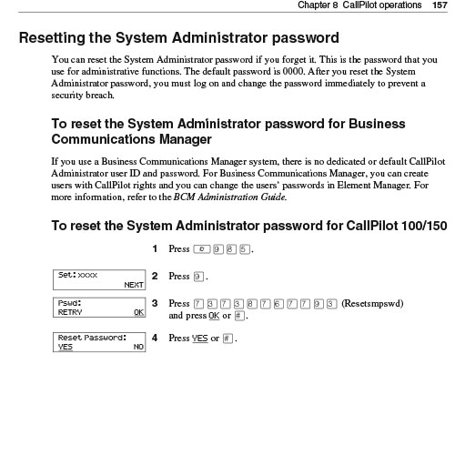 Resetting Call Pilot System Admin Password