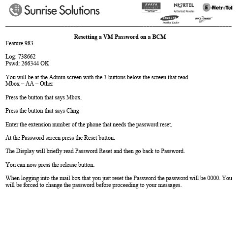 Resetting a VM Password on a BCM via a phone