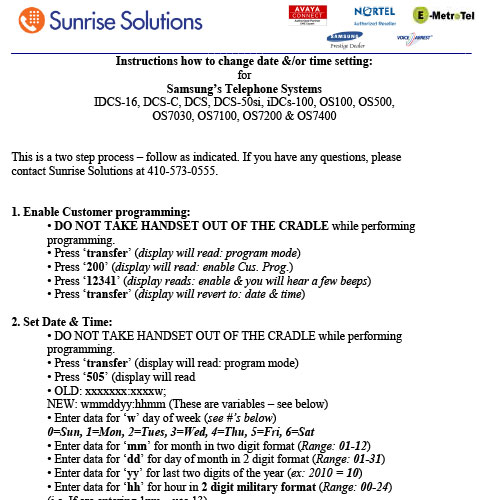 Samsung Telephone System Data & Time Change Instructions