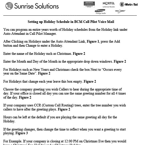 Setting up Holiday Schedules in BCM Call Pilot Manager