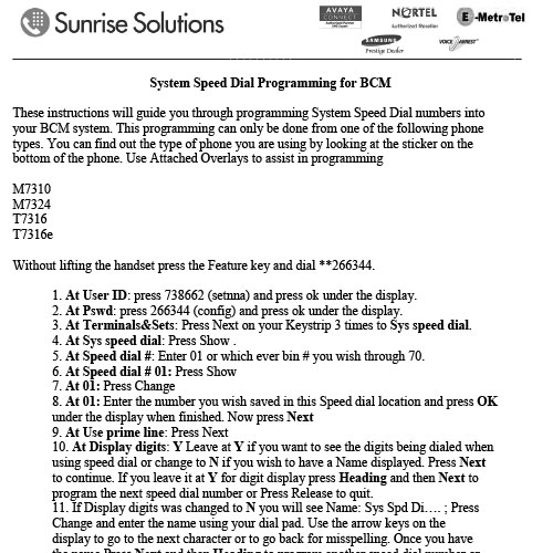 System Speed Dial BCM with Template